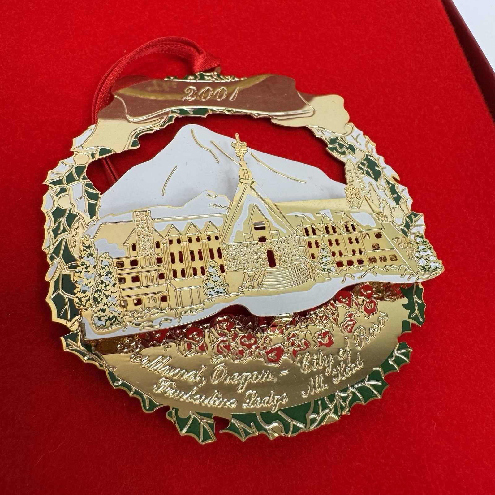 2001 Portland Ornament: Timberline Lodge Mt. Hood - 24k Gold Plated - Signed