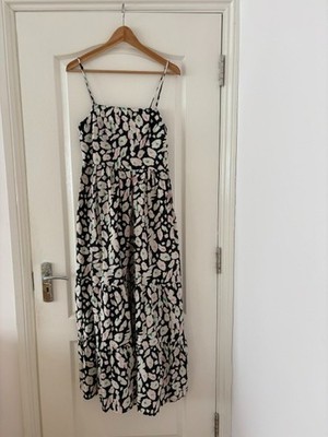 Marks & Spencer 100% Cotton Black Floral Print Strappy Maxi Dress Size 8