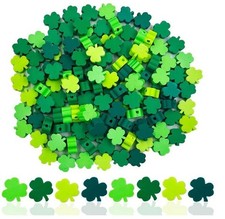 100Pcs St. Patrick's Day Shamrocks Handmade Polymer Clay Beads, Luck Clover Prin