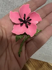 Vintage Retro Mod 60's Pink/Green Metal Enamel Flower Pin Brooch, Large