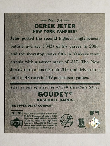 2007 Upper Deck Goudey #34 Derek Jeter - Picture 2 of 2