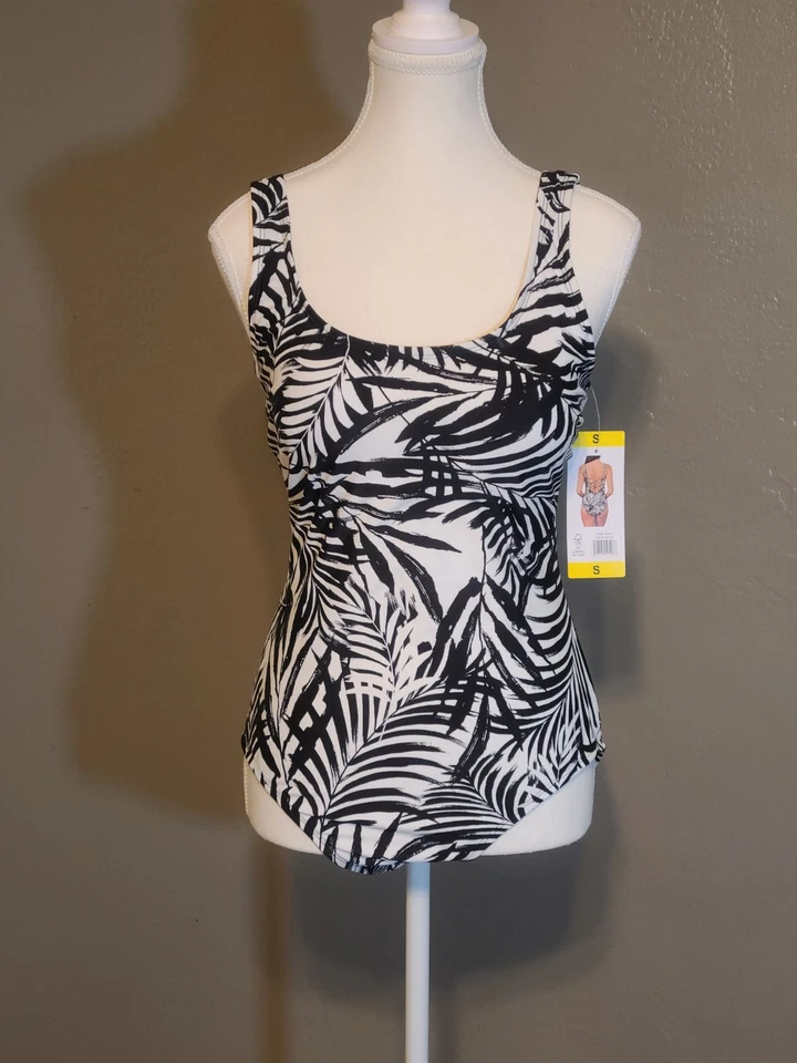 Traje de baño Ocean Pacific blanco y negro para mujer de una pieza estampado tropical pequeño Foto 3 de 4