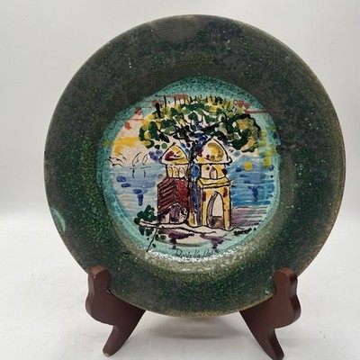 Handmade Hand Painted Pottery Round Plate Signed Rovello Made In Italy 8.5 