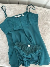 Y2K Victoria  s Secret Teal Satin Lace Babydoll Slip Nightie Set w/ Panties S
