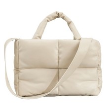 Beige Puffy Tote Bag Puffer Cotton Light Winter Down Padded Quilted Shoulder