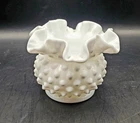 VTG-Fenton White Milk Glass Hobnail Ruffled 3" Vase Double Crimped