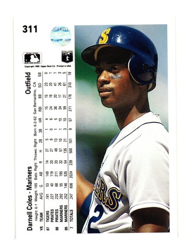 1990 Upper Deck #311 Darnell Coles Seattle Mariners - Picture 2 of 2