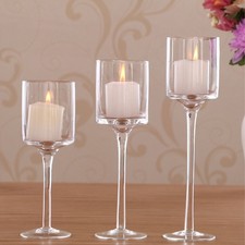 Set of 3 Clear Glass Tall Candlestick Tealight Candle Holders Table Centrepiece