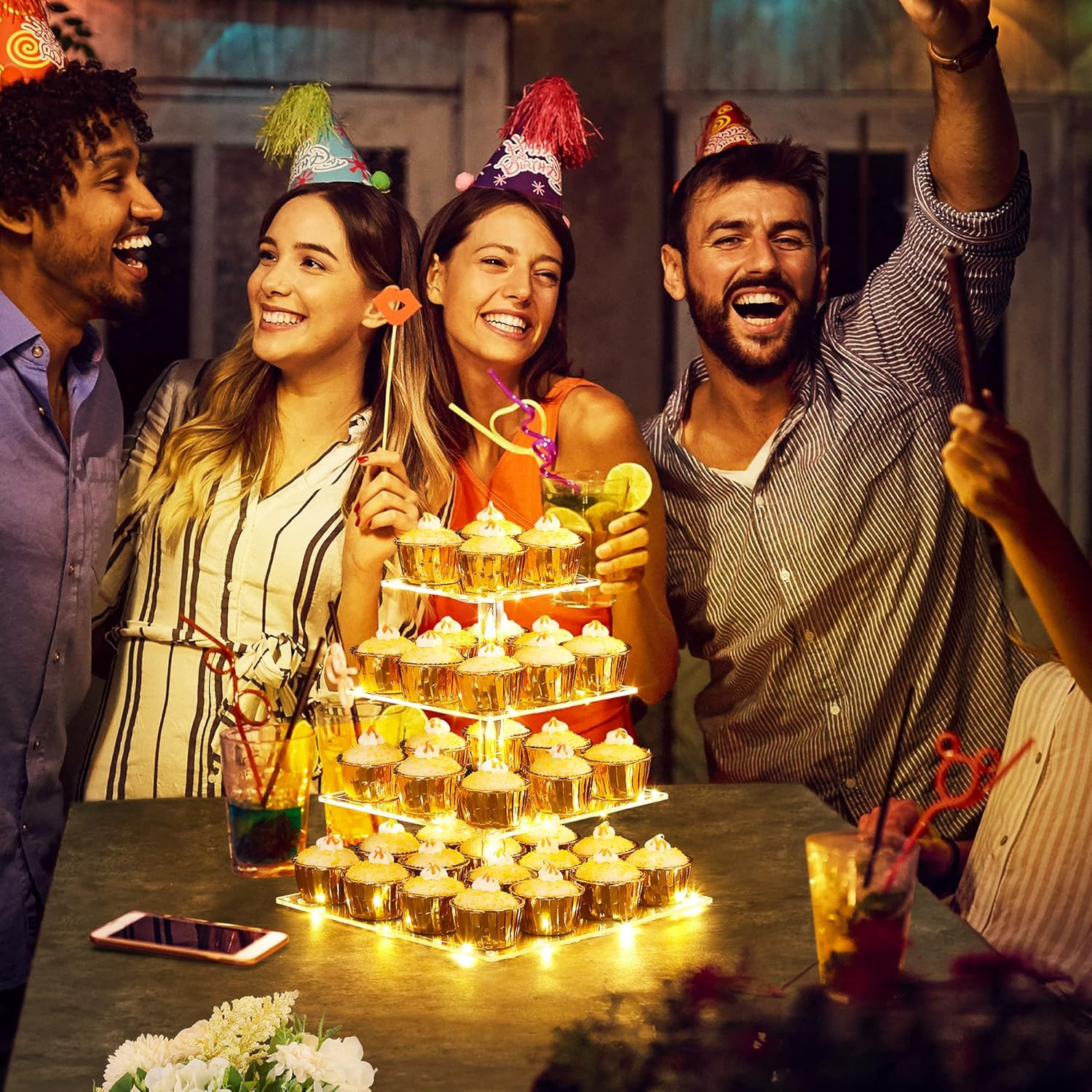 4 Tier Cupcake Stand with LED String Light, Acrylic Cupcake Display Stand, Squar