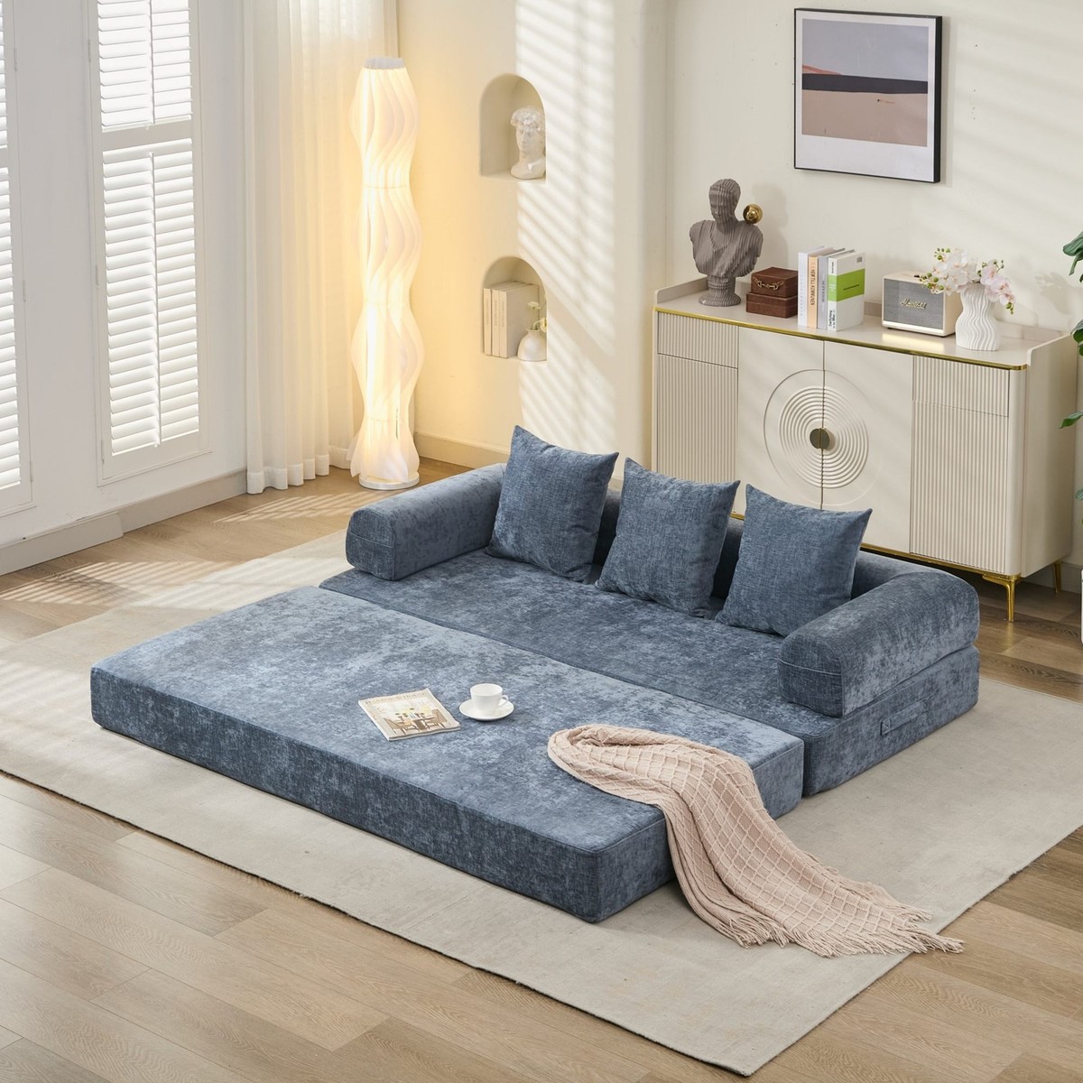 Foldable Floor Sofa Lounge w/Armrests Chenille Convertible Bed