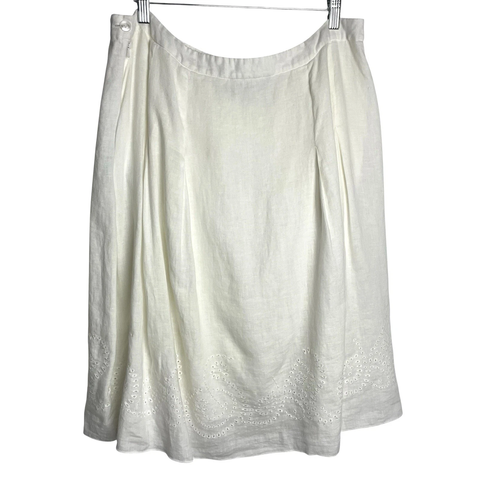 Jones New York Womens 100% Linen Eyelet Skirt Sz 16 White Pleated Lined Zip Boho