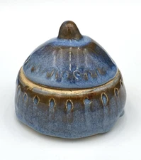 Studio Pottery Lidded Jar, Salt Cellar/Trinket, Blue Brown, Signed, Punctuations
