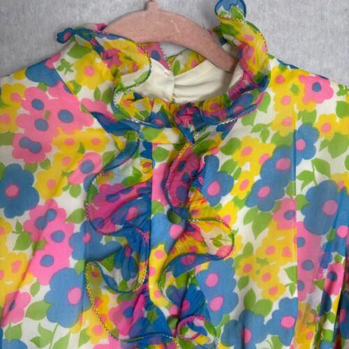 Vestido Floral De Colección Años 70 Groovy Mod Gasa Transparente Volantes Verde Lazo Talla 11 Retro - Imagen 4 de 16