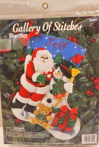 NIP Bucilla Jeweled Felt Christmas Stocking Kit 15" SANTA & SNOWMAN #33391