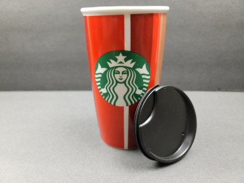 Taza de viaje Starbucks 2018 a rayas rojas/blancas/doradas doble cerámica aislada - NUEVA - Imagen 4 de 6
