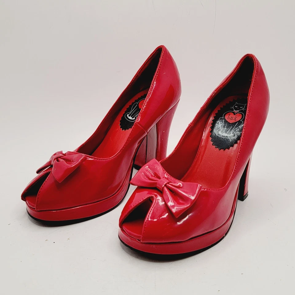Zapatos de imitación de cuero rojo Tuk punta abierta tacón grueso talla 6 Foto 3 de 4