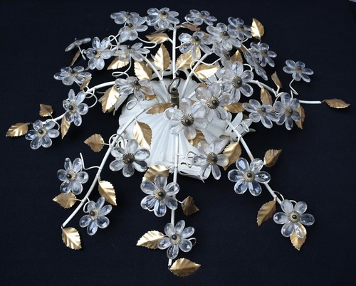 VINTAGE LARGE 27" GLASS PRISMS FLOWERS TOLE FLUSH MOUNT 6 LIGHTS CEILING FIXTURE - Picture 3 of 8