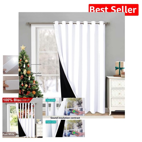 Elegant White Thermal Backing Blackout Curtain for Sliding Glass Doors, 100"x95"