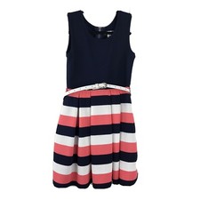 Knit Works girl's 8 Navy Coral White Stripe Sleeveless Belted Stretch Dress AU1