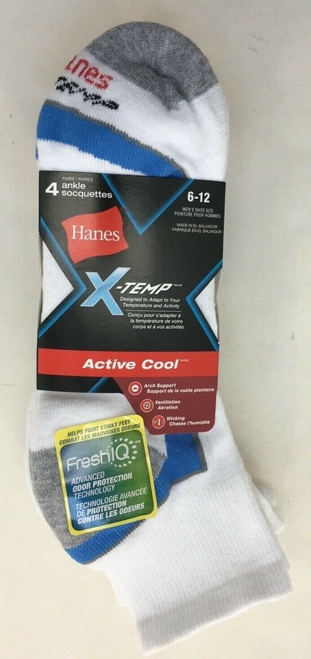 1 Pack Hanes 4 Pares X-TEMP Hombre calcetines tobilleros Blanco Azul y Rojo Rayas TALLA 6-12 Foto 2 de 3