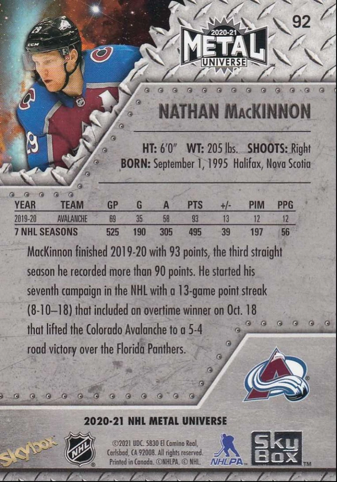 2020-21 Skybox Metal Universe Hockey Nathan MacKinnon Colorado Avalanche #92 - Image 2 of 2