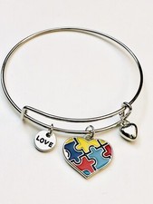 Autism Awareness  Love  Heart Expandable Charm Bangle Bracelet