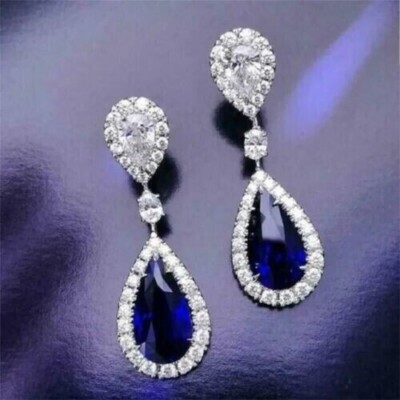 3Ct Blue Sapphire Simulated Diamond Drop Dangle Earrings 14K