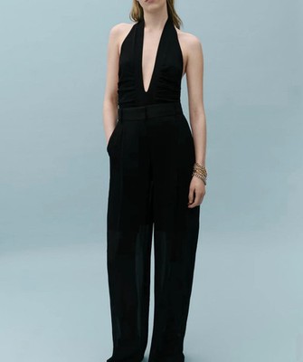 Victoria Beckham X Mango Black DRAPED V Neck HALTER BODYSUIT Medium 10 BNWT £80