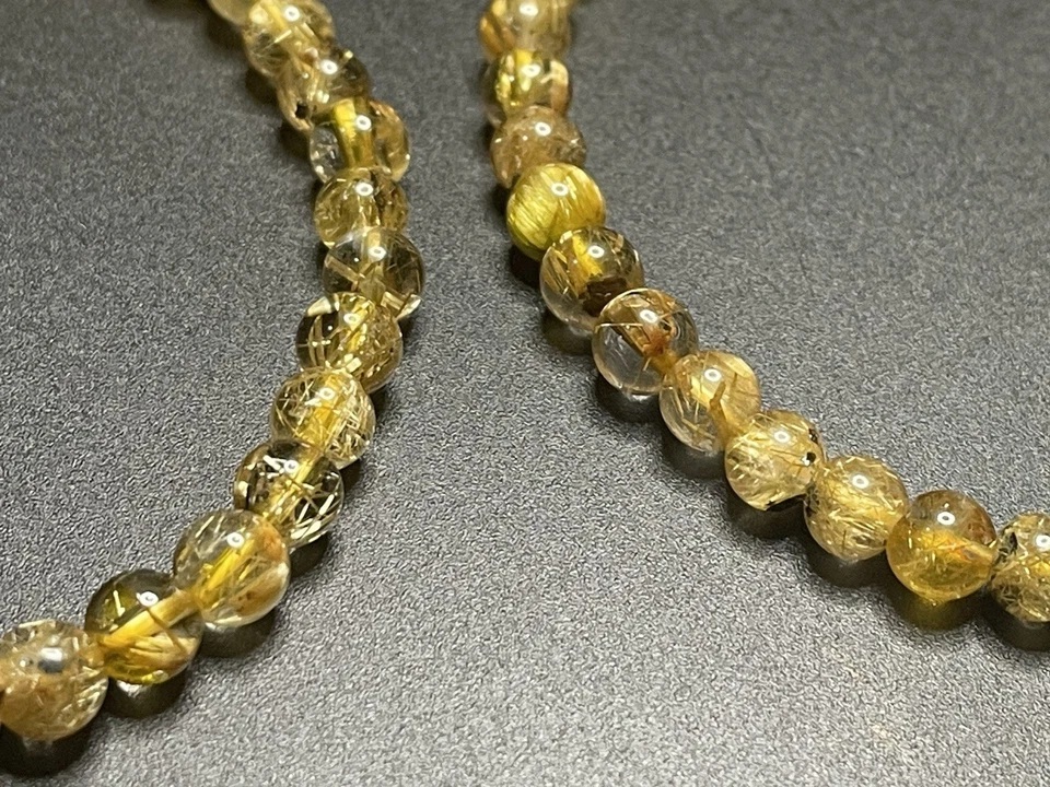 Pulsera de cuentas redondas de cristal de cuarzo rutilado oro natural de 5 mm AAAAA Foto 3 de 4