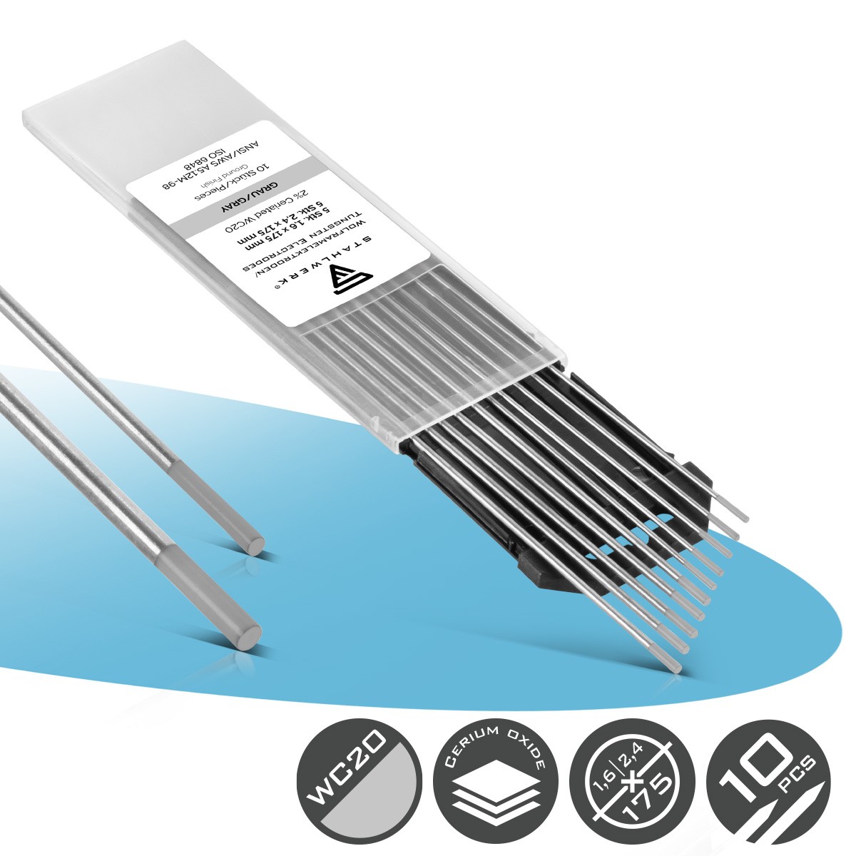 10 x Tungsten Electrodes for TIG welding size 5 x 1.6 mm & 5 x 2.4 mm grey