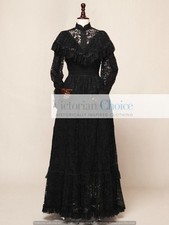 Victorian Edwardian Vintage Black Lace Gothic Dress Fantasy Theater Clothing 392