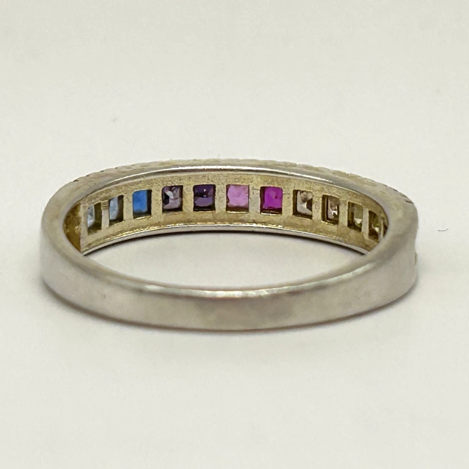 Sterling Silver Multi-Gem Eternity Band Ring Ruby Emerald Aqua Diamond Size 8.25 - Image 3 of 4