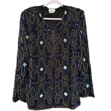 Stenay Jacket Womens 2X Black Beaded Sequin Silk Zip Retro Party Evening