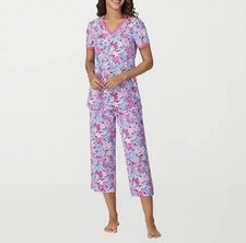 Cuddl Duds Women's Short Sleeve Cropped Pajama Set Size Small in Blue Pink