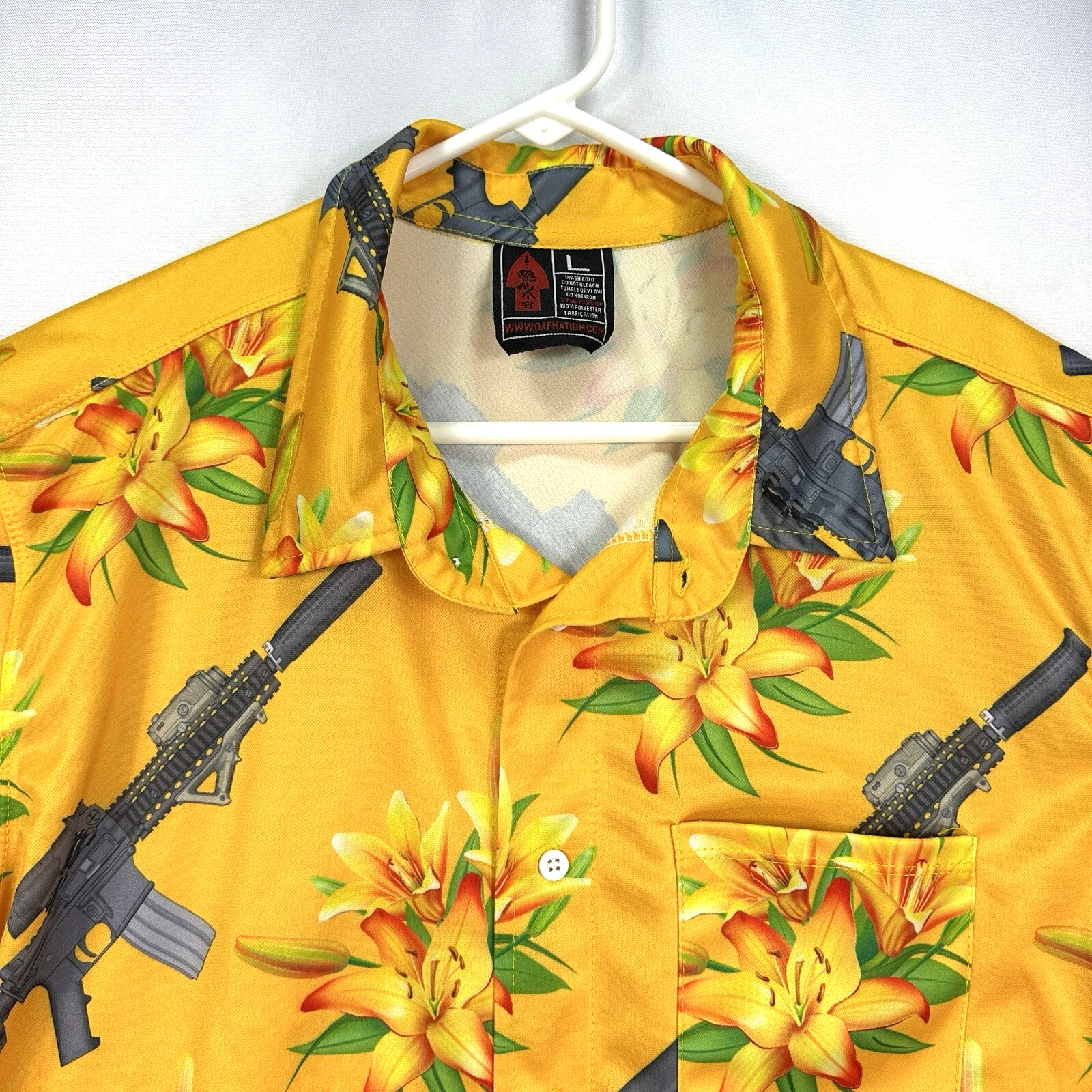 OAF NATION Orange Floral Gun Hawaiian Shirt Mens Large Button Up Short Sleeve
