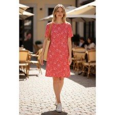 Lemon Way Women's Medium Red White Seashell Print Pima Cotton Knit Shift Dress