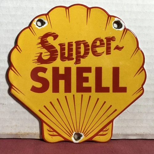 VINTAGE SUPER SHELL GASOLINE 6” PORCELAIN ADVERTISING GAS PUMP SIGN MOTOR OIL