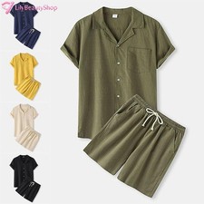 Men's Cotton Linen Short Sleeve Casual Set T-Shirt Tops Shorts Asian size