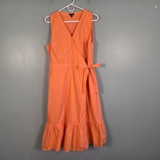 Talbots Petite Peach Cotton Wrap Dress Sleeveless Ruffle Hem Midi 14P VN5084