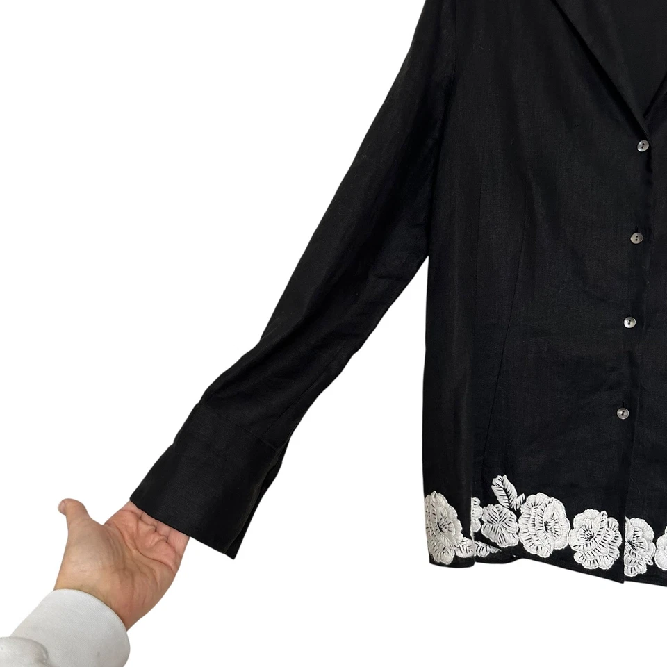Blusa LAFAYETTE 148 NEW YORK Negra Lino Bordada Floral Abotonada Talla 10 Foto 3 de 4