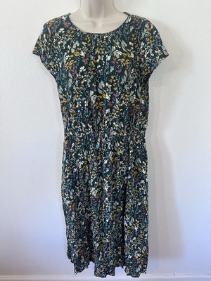 A New Day Floral Midi Women's Large Green Boho Rayon Short Sleeve Dress