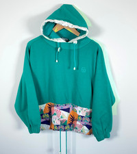 Sergio Tacchini Hoodie Men's Large Green Abstract Trim Boxy Sweatshirt 90s VTG