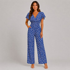 Ladies Womens JumpSuit Playsuit Dungarees Boho Short Sleeve Wide Leg UK NEW