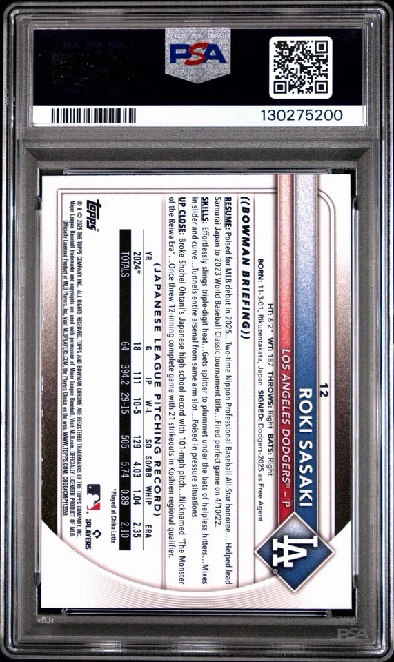 2025 Bowman Roki Sasaki RC Red Rookie Redemption Dodgers #12 Gem Mint PSA 10 - Image 2 of 2