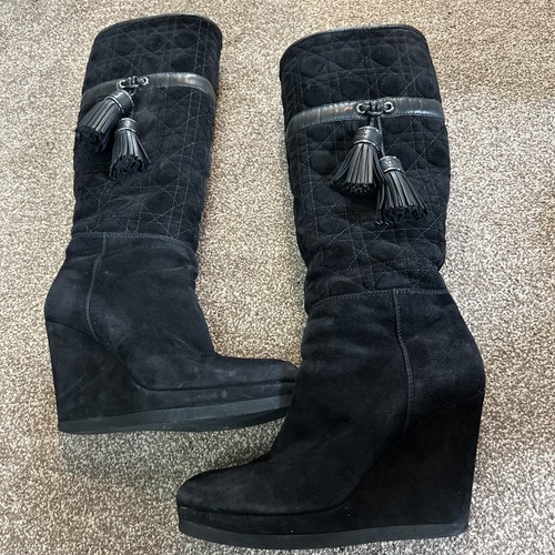 Christian Dior Knee High Suede Wedge Boots 40 Pull On Fur Lined. Bargain Price - Picture 21 of 22