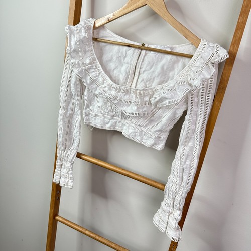 Zimmermann Top Womens 0 White Crochet Long Sleeves Cropped Ruffle Scoop Neck - Picture 3 of 15