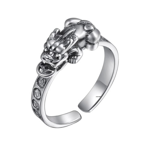 Women Men Real Solid 925 Sterling Silver Band Lucky Retro Coin Pixiu Open Ring - Picture 3 of 7