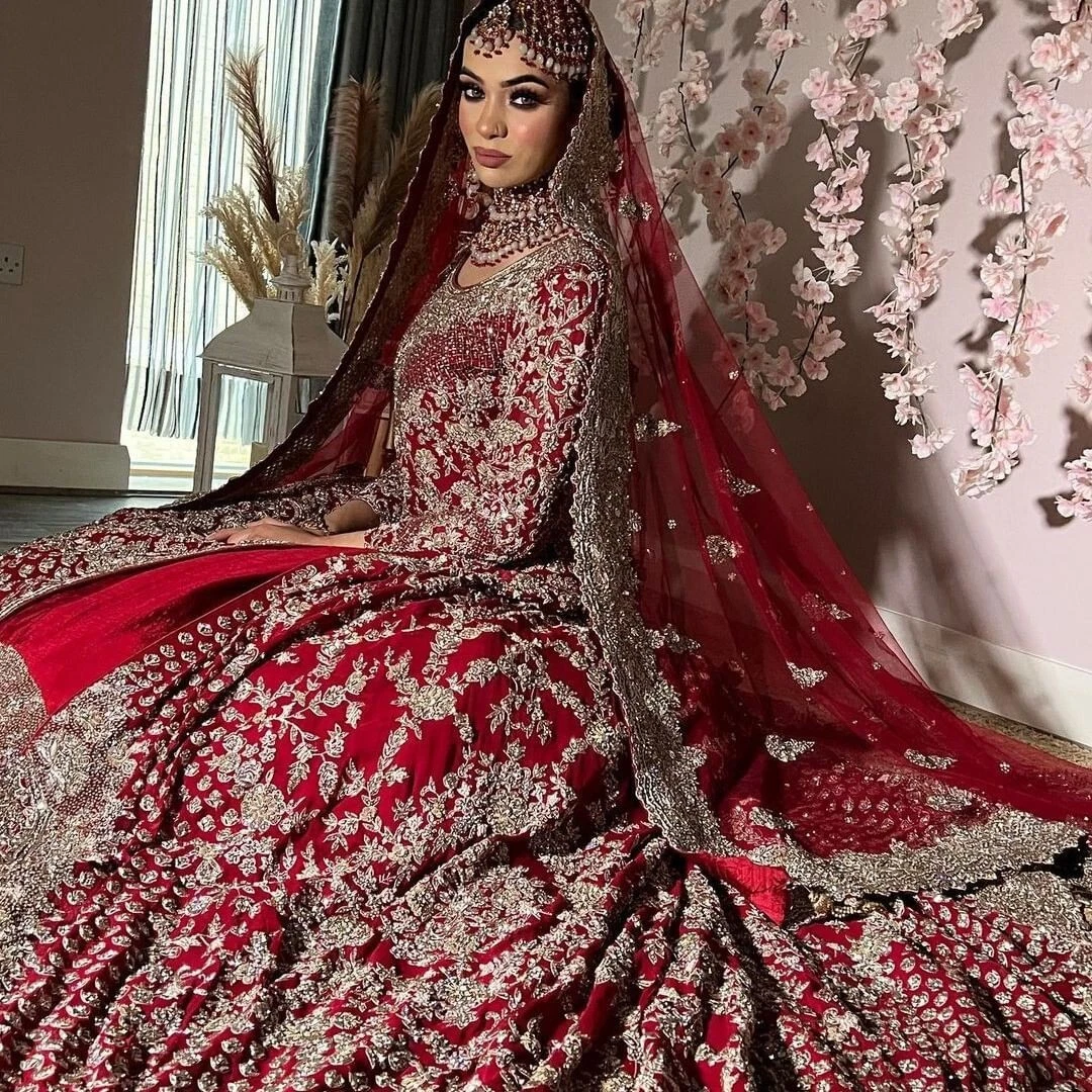 Red Classy Pakistani Bridal Long Trail lehenga with kurti and handwork Bespoke