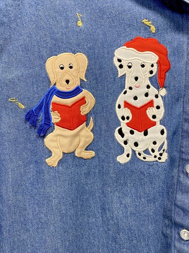 Camisa de mezclilla azul para mujer aplique canto perros con violing talla S/M collie dálmation - Imagen 2 de 12