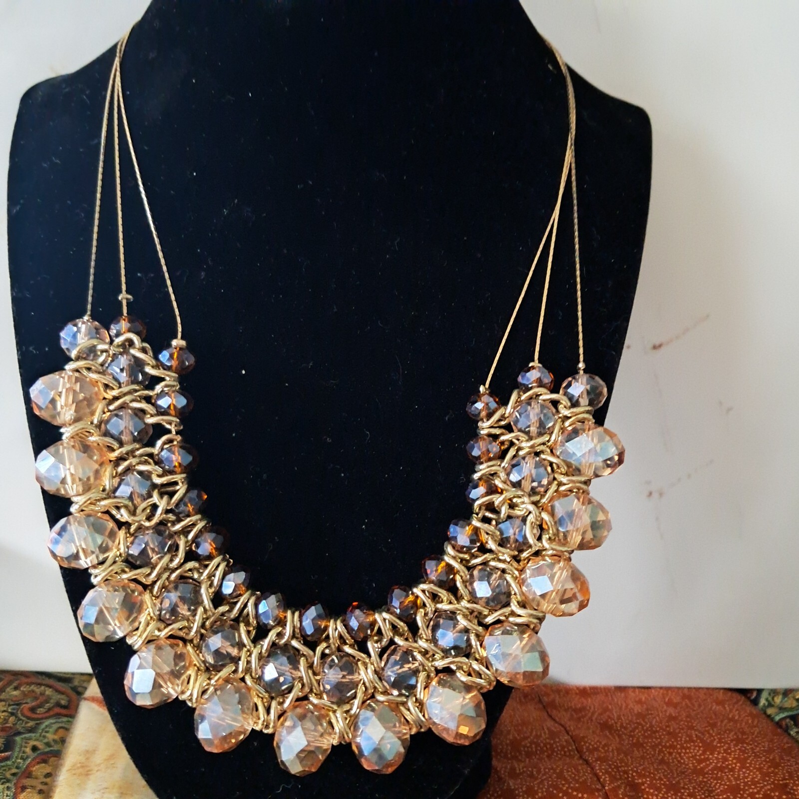 Large Bibb Statement Necklace Neeutral Tones Gold… - image 2